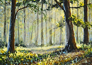 Trees In the sunny forest park acrylic painting landscape art