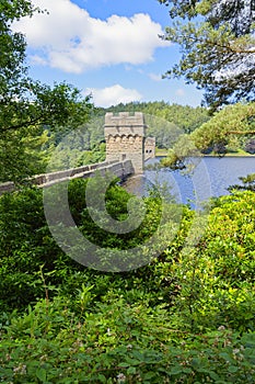 Through the trees to the towers of Howden Dam in Derbyshire