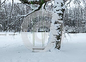 trees and tree branches covered with thick snow, snow covered swings in the park
