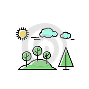 Trees under the sun, nature. Vector set of icons, illustration in the style of flat