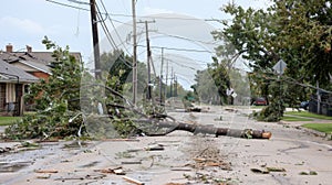 Trees uprooted and telephone poles bent in half further adding to the chaotic scene of destruction