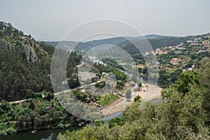 Aerial and panoramic view of the Mondego river beach of Reconquinho, Penacova PORTUGAL