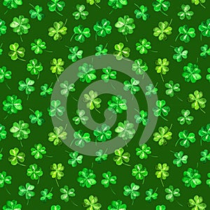 Trefoil leaves, four leaf clover. Repeating background. Watercolor for saint Patrick day