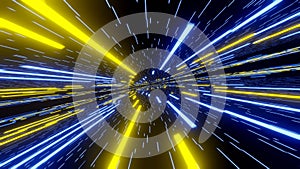 Trek in space at super speeds, motion blur effect. Blue and yellow elements. Visualization 3D rendering
