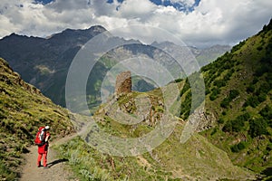 Treking for the Kazbek peak in the mountains of the Caucasus photo