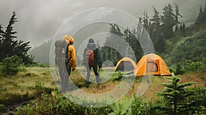 Trekked Travelers Near a Tent on a Rainy Day