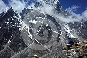 Trekker with amazing high altitude Himalayas mountains, Nepal