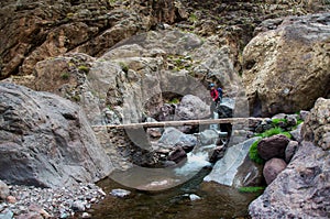 Trekker crossing bridge