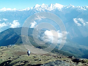 Trekker in front of the Himalaya