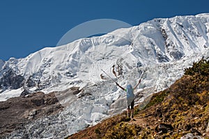 Trekker in front of Manaslu glacier on Manaslu circuit trek in N