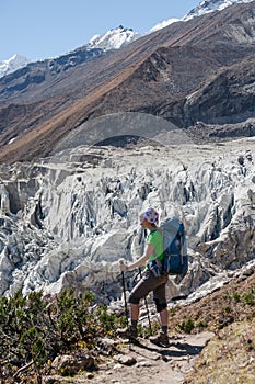 Trekker in front of Manaslu glacier on Manaslu circuit trek in N