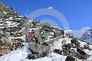 Trekker on glacier beside of everest basecamp from everest trek