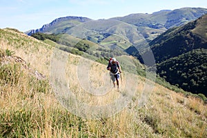 Trekker hiking in the mountains