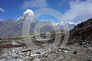 Trekker hiking on the trail to Ama Dablam base camp with Tabuche peak on backdrop, Nepal