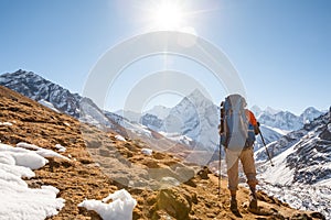 Trekker in Khumbu valley in front of Abadablan mount on a way to