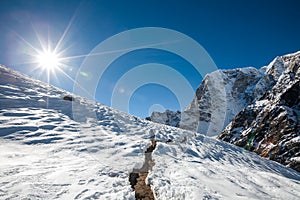 Trekker in Khumbu valley on a way to Everest Base camp