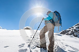 Trekker in Khumbu valley on a way to Everest Base camp