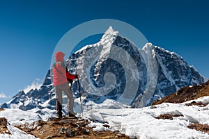 Trekker in Khumbu valley on a way to Everest Base camp