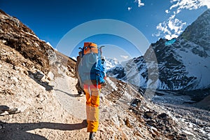 Trekker in Khumbu valley on a way to Everest Base camp