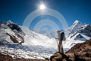 Trekker in Khumbu valley on a way to Everest Base camp