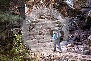 Trekker in Khumbu valley on a way to Everest Base camp