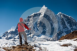 Trekker in Khumbu valley on a way to Everest Base camp