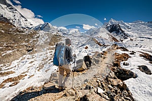 Trekker in Khumbu valley on a way to Everest Base camp