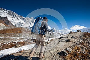 Trekker in Khumbu valley on a way to Everest Base camp