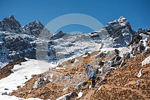 Trekker in Khumbu valley on a way to Everest Base camp