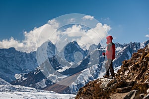 Trekker in Khumbu valley on a way to Everest Base camp