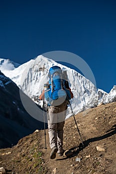 Trekker on Manaslu circuit trek in Nepal