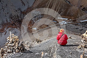 Trekker near High Camp on Annapurna circuit in Nepal