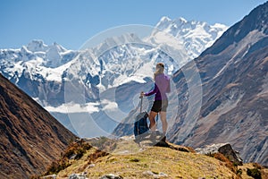 Trekker rests on Manaslu circuit trek in Nepal