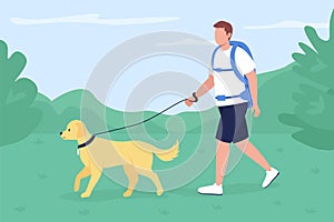 Trekker walk with dog in countryside flat color vector illustration