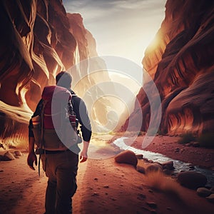 Trekker walking towards the light in sandstone canyon back view