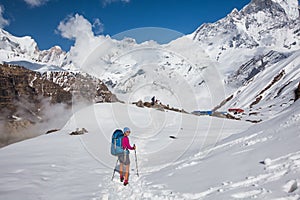 Trekker on the way to Annapurna base camp, Nepal