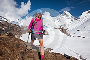 Trekker on the way to Annapurna base camp, Nepal