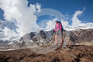 Trekker on the way to Annapurna base camp, Nepal