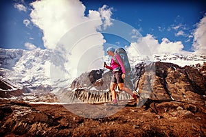 Trekker on the way to Annapurna base camp, Nepal
