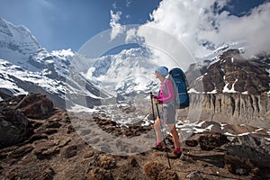 Trekker on the way to Annapurna base camp, Nepal