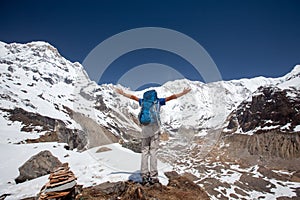 Trekker on the way to Annapurna base camp, Nepal