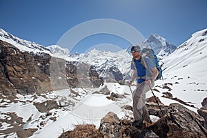 Trekker on the way to Annapurna base camp, Nepal