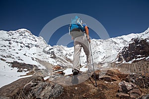 Trekker on the way to Annapurna base camp, Nepal