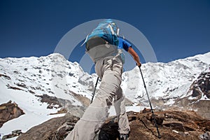 Trekker on the way to Annapurna base camp, Nepal