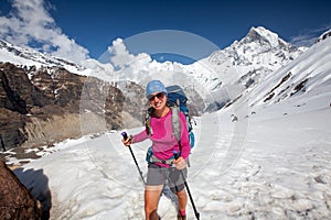 Trekker on the way to Annapurna base camp, Nepal