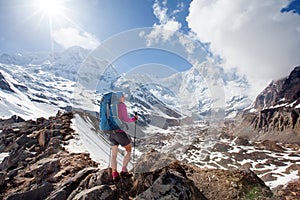 Trekker on the way to Annapurna base camp, Nepal