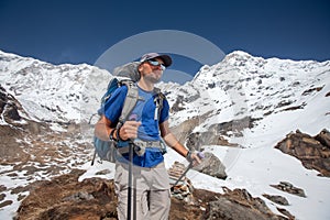 Trekker on the way to Annapurna base camp, Nepal