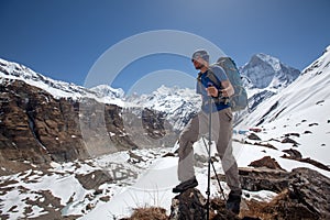 Trekker on the way to Annapurna base camp, Nepal