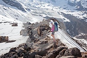 Trekker on the way to Annapurna base camp, Nepal