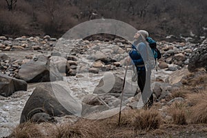 Trekker on the way to Annapurna base camp, Nepal